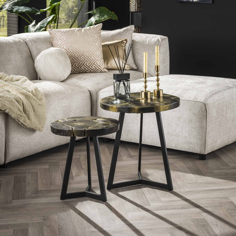 LifestyleFurn Salontafel 'Kaeo' Teakhout, Set van 2 stuks, kleur Zwart/Goud afbeelding 1