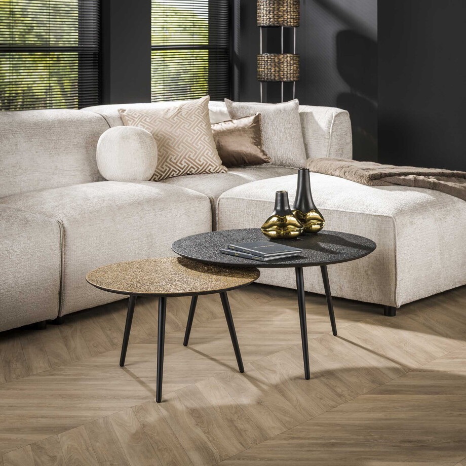 LifestyleFurn Ronde Salontafel 'Marylouise' Metaal, Set van 2 stuks, kleur Goud/zwart afbeelding 1