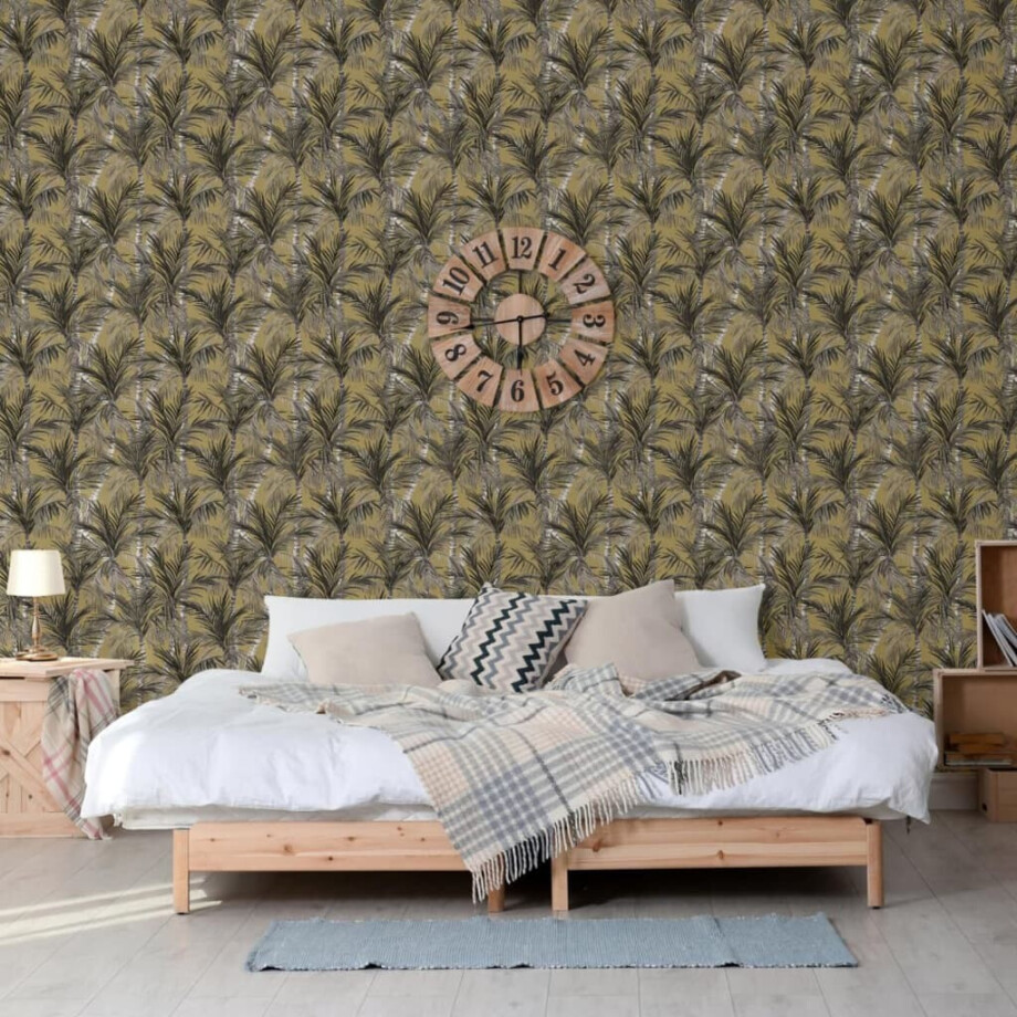 DUTCH WALLCOVERINGS Behang Palm Trees goudkleurig en zwart afbeelding 1