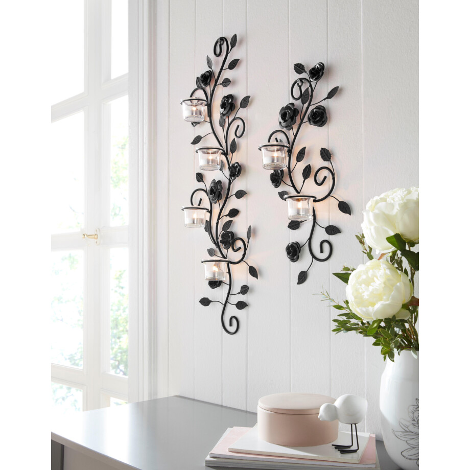 Home affaire Wandkaarsenhouder Bloemenrank, zwart Landhuis, metaal, glas, zwart antiek afbeelding 1