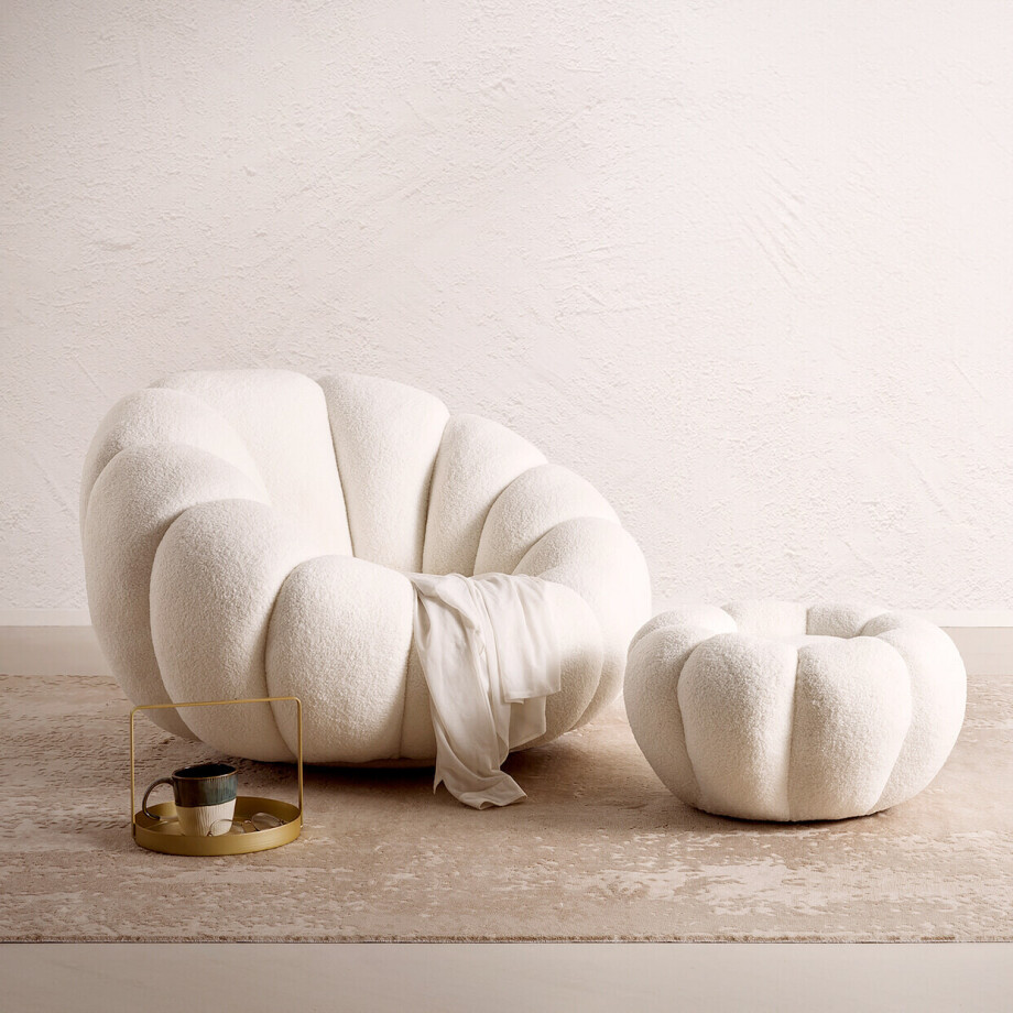 Artistiq Fauteuil 'Dontavis' Teddy incl. poef, kleur Wit afbeelding 