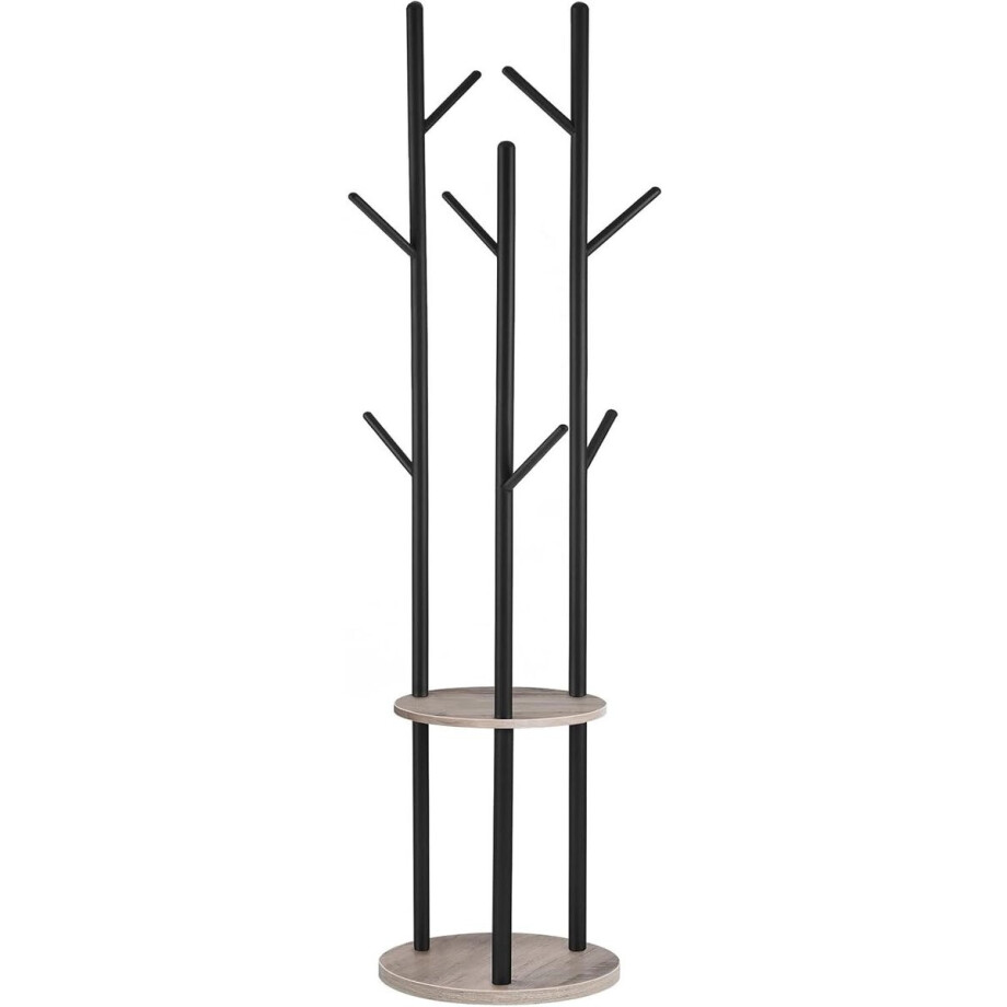 Brenzoos - Garderobestandaard met boomvorm design - vrijstaand kledingrek met 8 haken en 2 planken - voor kleding, hoed en tas - woonkamer, slaapkamer, kantoor - greige-zwart Brenzoos - Garderobestandaard met boomvorm design - vrijstaand kledingrek met 8 haken en 2 planken - voor kleding, hoed en tas - woonkamer, slaapkamer, kantoor - greige-zwart afbeelding 1