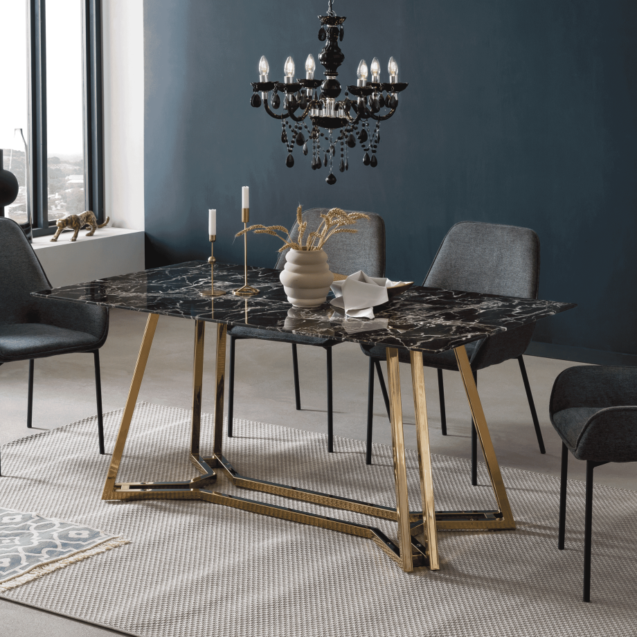 Artistiq Eettafel 'Facundo' Marmerlook, 160 x 90cm, kleur Goud/Zwart afbeelding 1