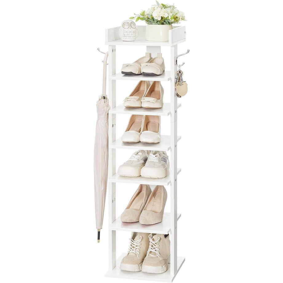 Schoenenrek, verticaal schoenenrek, 7-laags schoenenkast, smalle schoenenstandaard met omheining en haken, ruimtebesparend, voor hal, woonkamer, slaapkamer, wit afbeelding 1