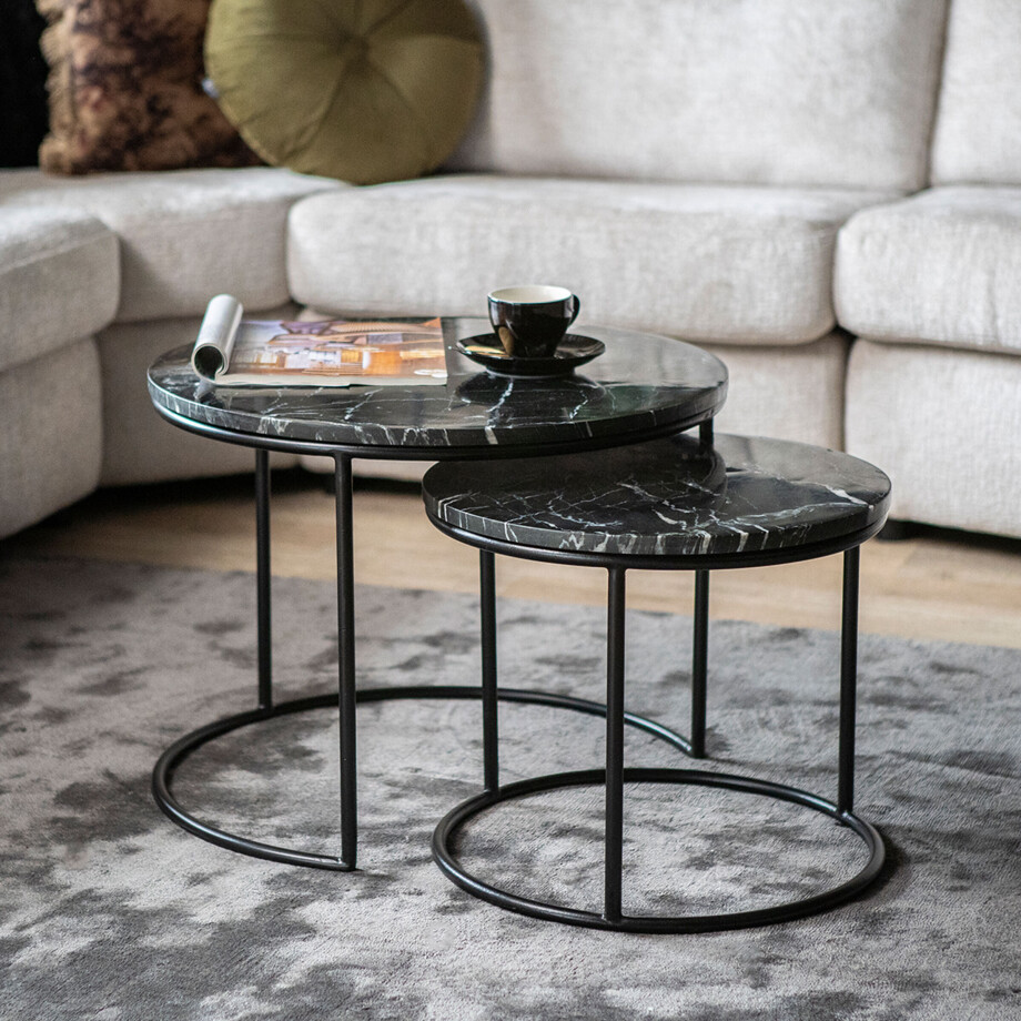 By-Boo Ronde Salontafel 'Romeo' Zwart Marmer, Set van 2 stuks By-Boo Ronde Salontafel 'Romeo' Zwart Marmer, Set van 2 stuks afbeelding 1