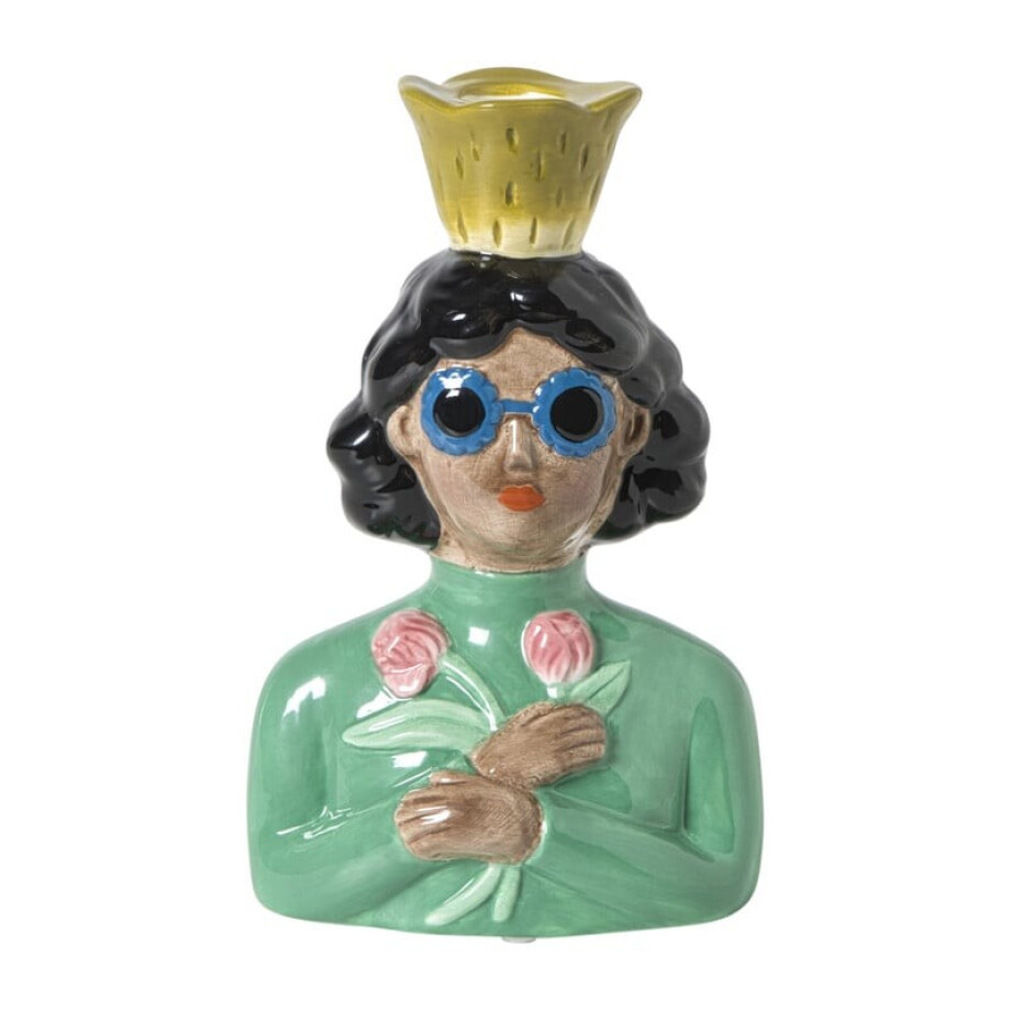 Kandelaar vrouw met bloemen - groen - 19.5x13x9 cm afbeelding 