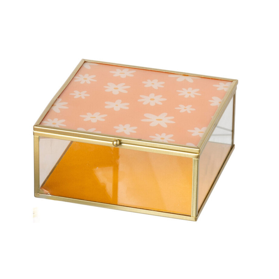 Glazen box bloemen groot - goud/roze - 6x14x14 cm afbeelding 1
