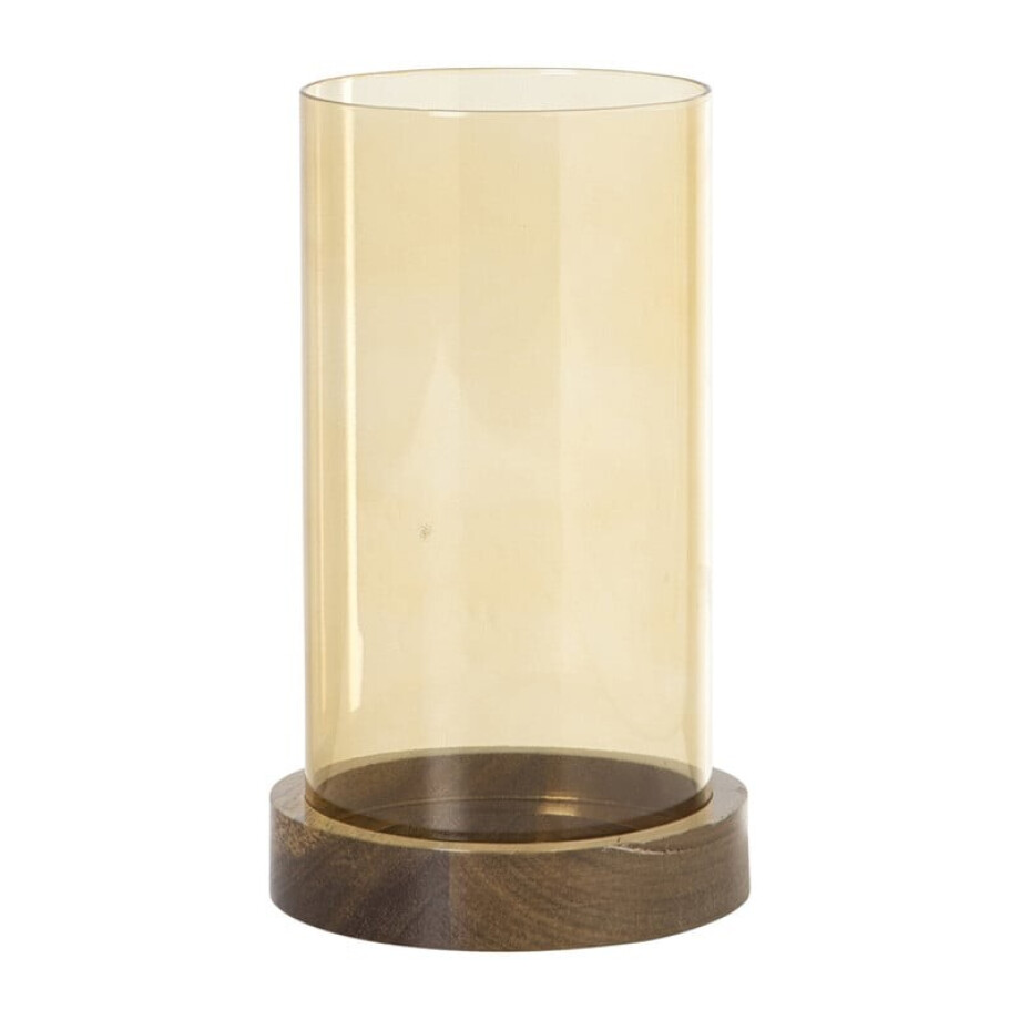 Windlicht glas en hout - beige/bruin - ø10x20 cm afbeelding 