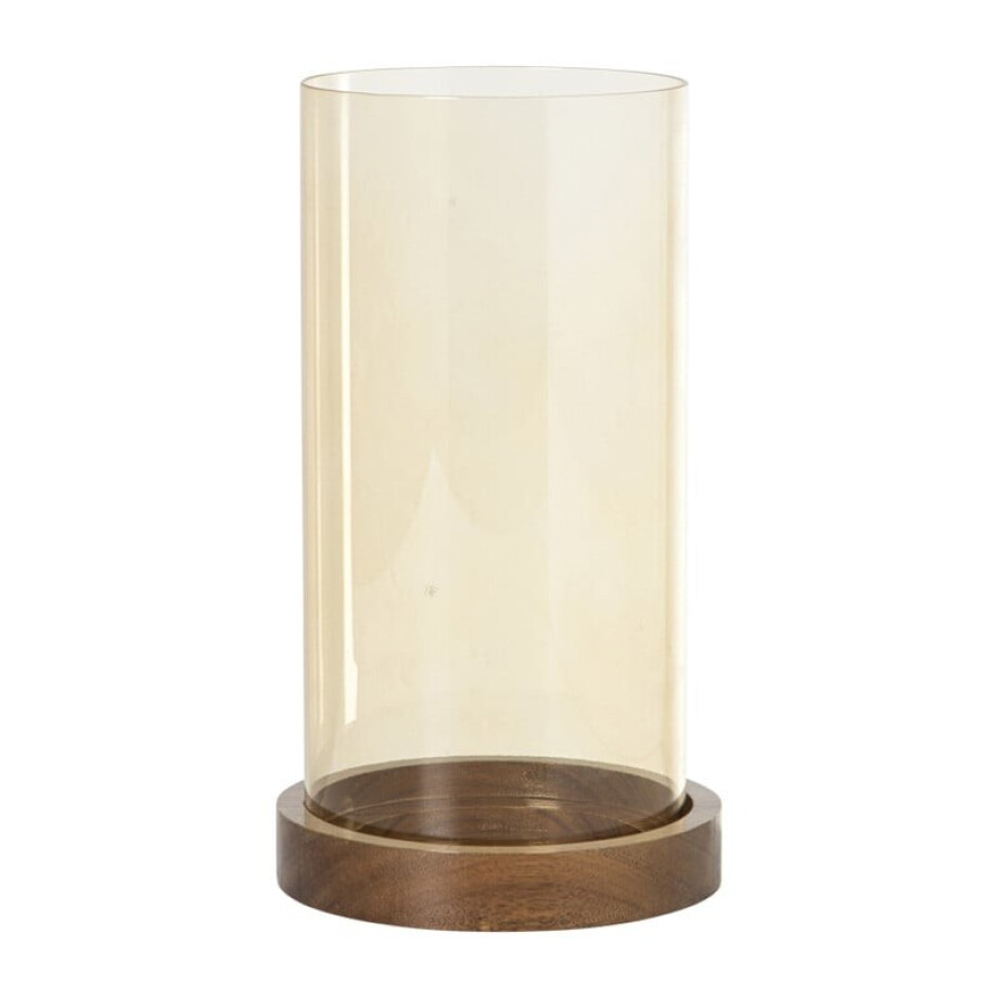 Windlicht glas en hout - beige/bruin - ø12x25 cm afbeelding 