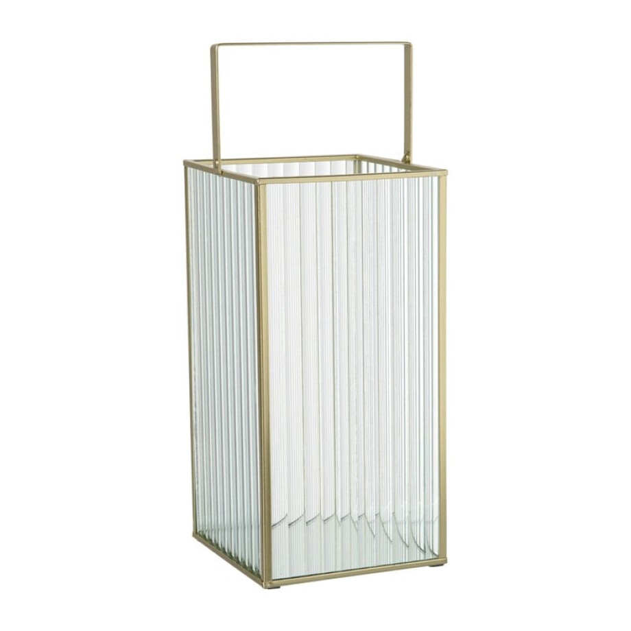 Lantaarn rib vierkant - goud/transparant - 25.5x13x13 cm afbeelding 
