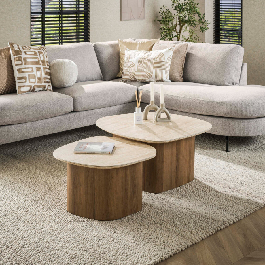 Salontafel Romano kiezel set van 2 Keramiek travertin afbeelding 1