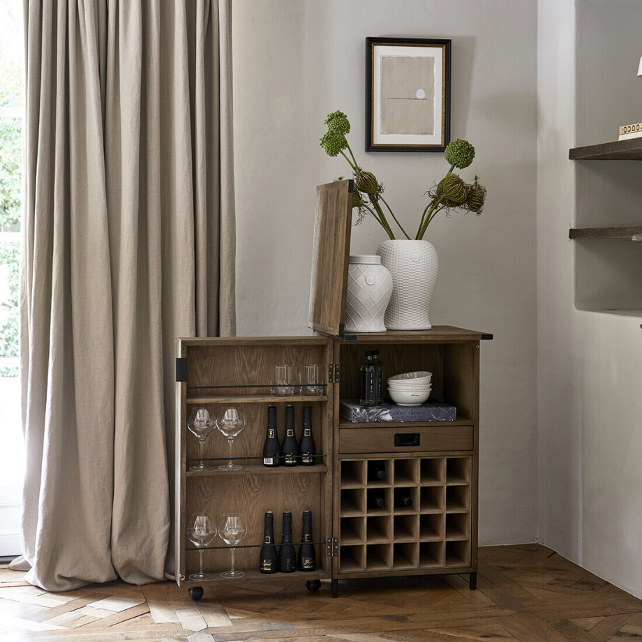 Rivièra Maison Wijnkast 'Portella' Op wielen, Eikenhout afbeelding 