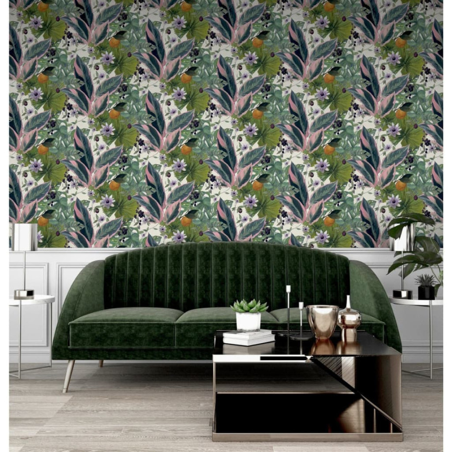 DUTCH WALLCOVERINGS Behang Passion Flower wit en groen afbeelding 1