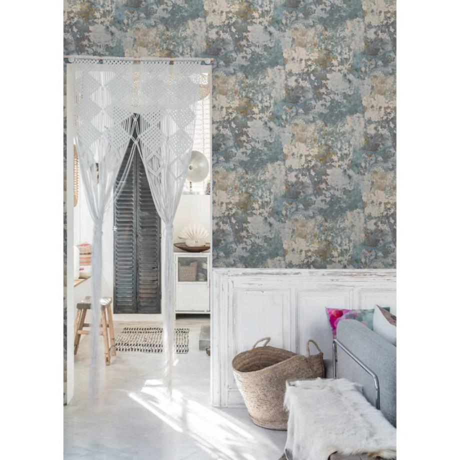 DUTCH WALLCOVERINGS Behang betongrijs en groen afbeelding 1