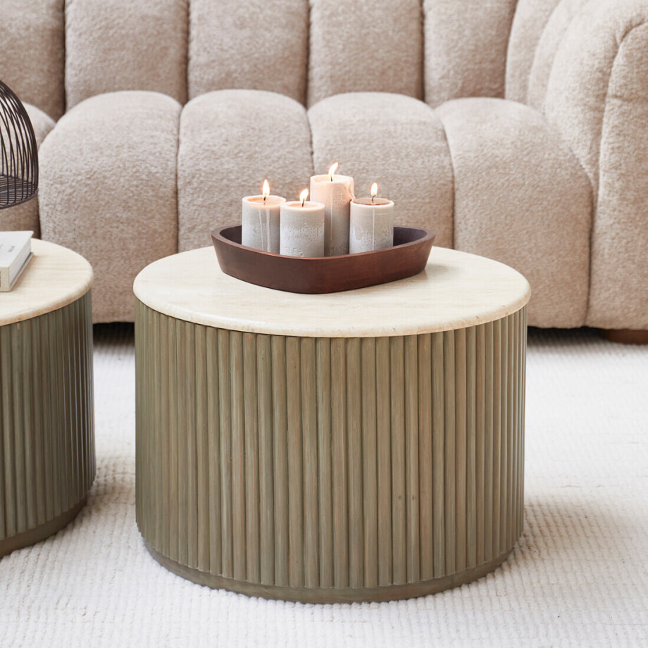 Rivièra Maison Ronde Salontafel 'Villanova' Travertin en mangohout, Ø60cm afbeelding 