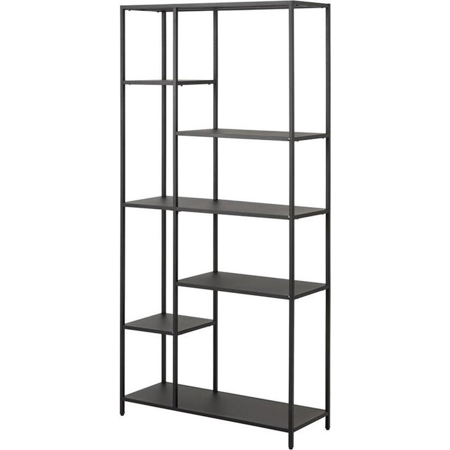 Lisomme Roy Boekenkast Zwart - Metaal - Industrieel - Open Kast met Vakken - Wandkast - Asymmetrisch - 79,5 x 30 x 165 cm afbeelding 1