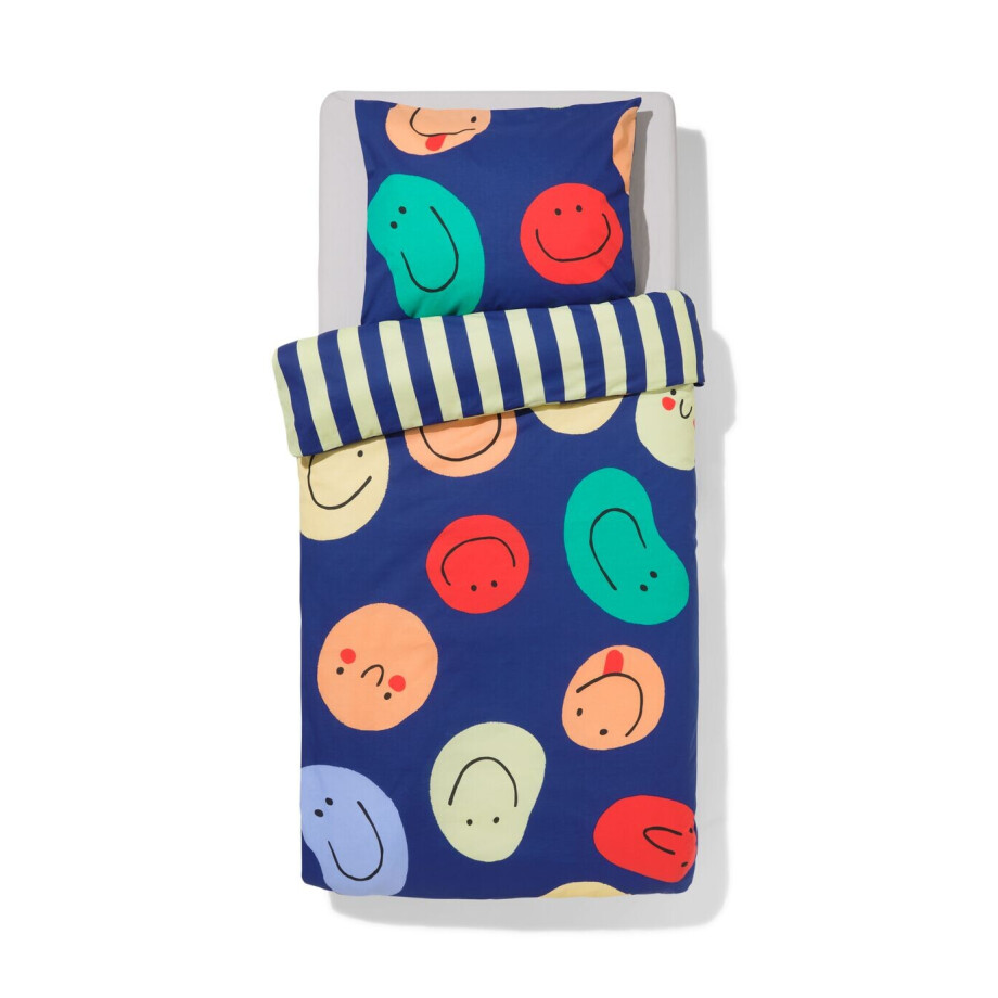 HEMA HEMA Kinderdekbedovertrek 140x200cm Zacht Katoen Gezichtjes (blauw) afbeelding 1