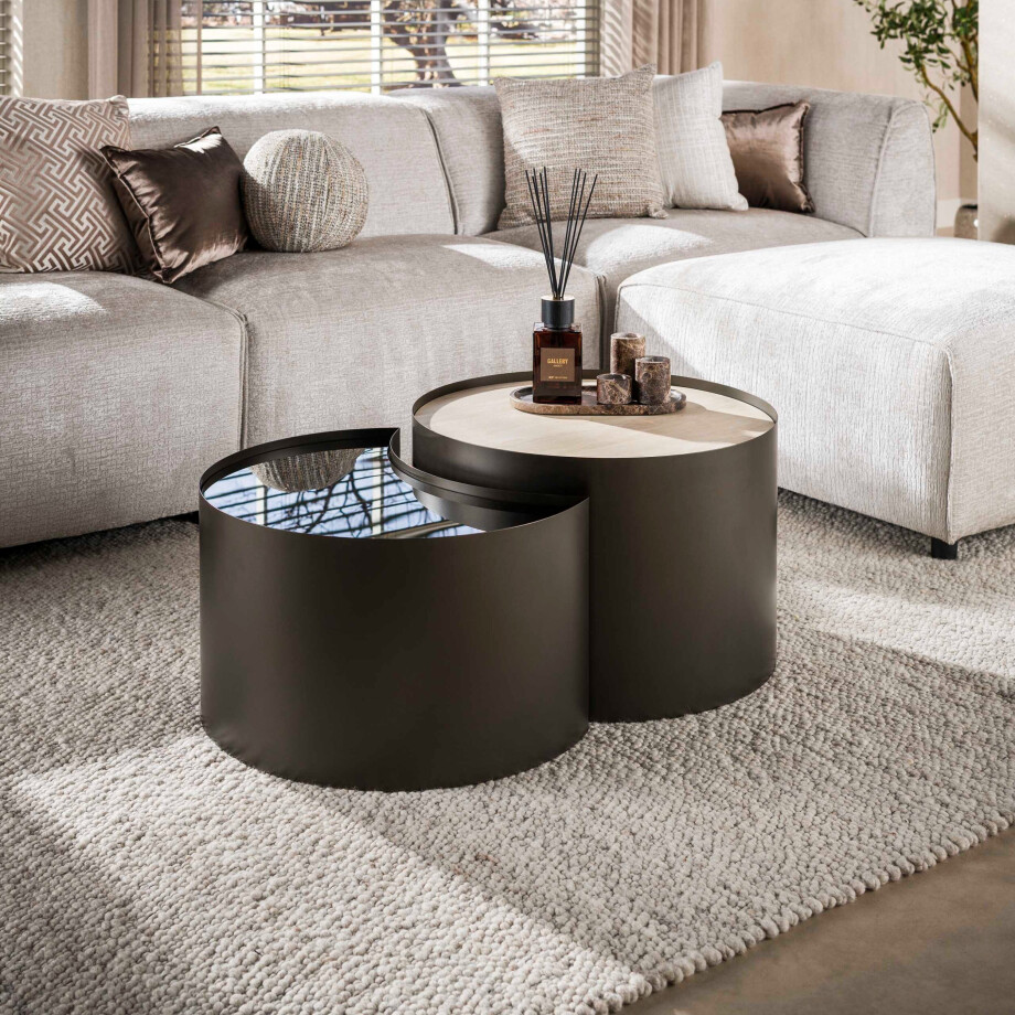 Salontafel Metal half moon set van 2 3D keramiek travertin Salontafel Metal half moon set van 2 3D keramiek travertin afbeelding 1