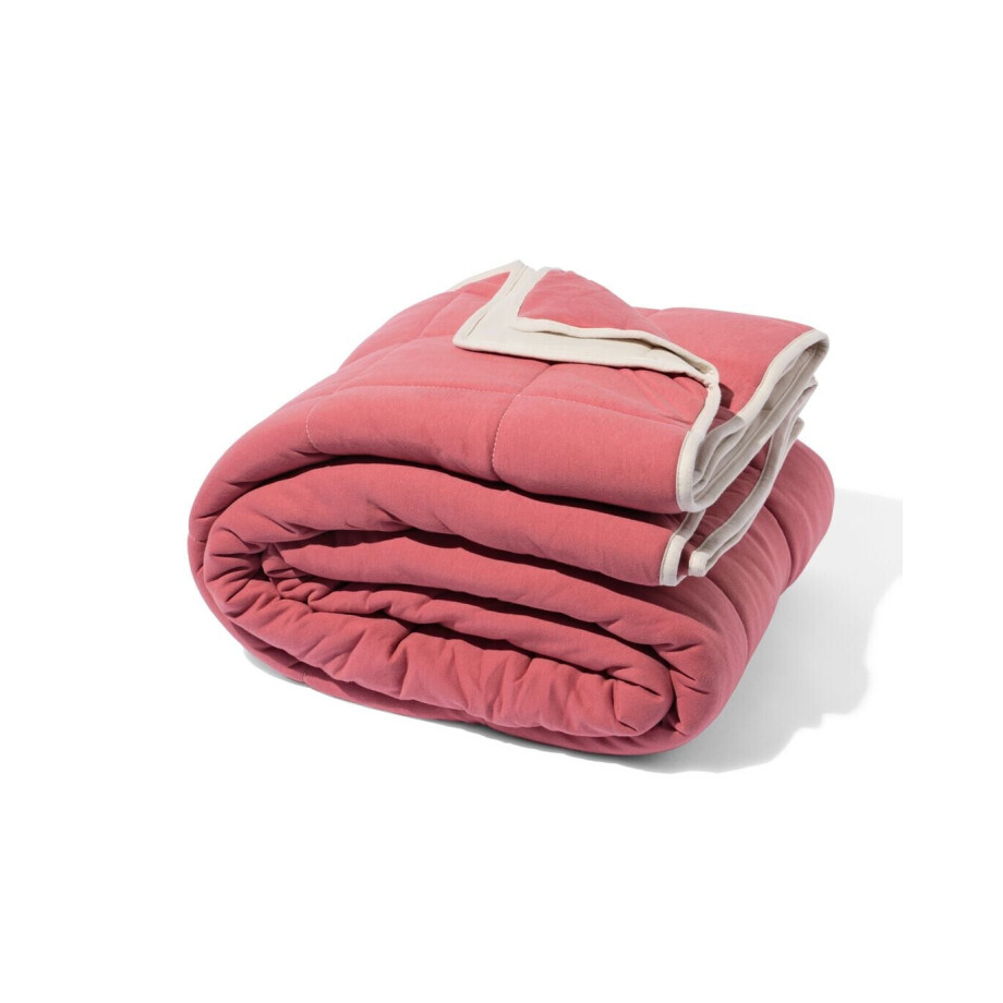HEMA HEMA Bedsprei Jersey Ruit Beige/rood 260x235 (beige) afbeelding 1