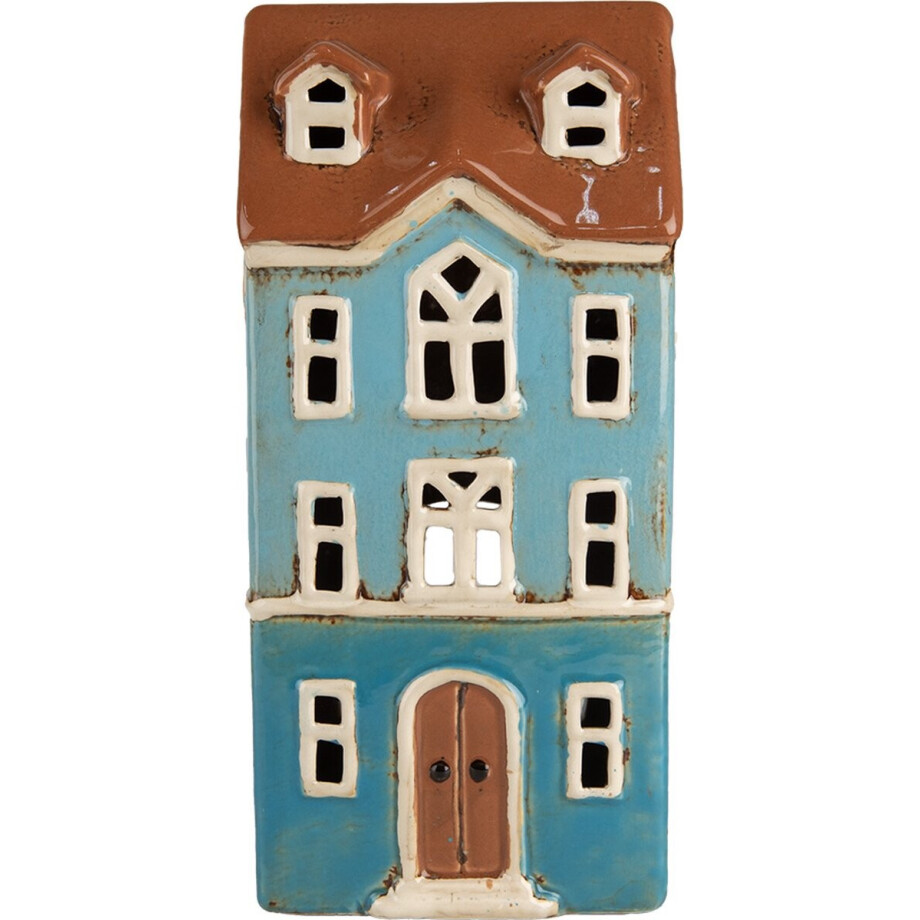 Clayre & Eef Waxinelichthouder Huis 11x9x22 cm Blauw Bruin Keramiek afbeelding 1