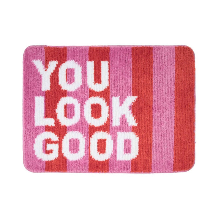 Badmat You Look Good - roze/oranje/wit - 50x70 cm afbeelding 