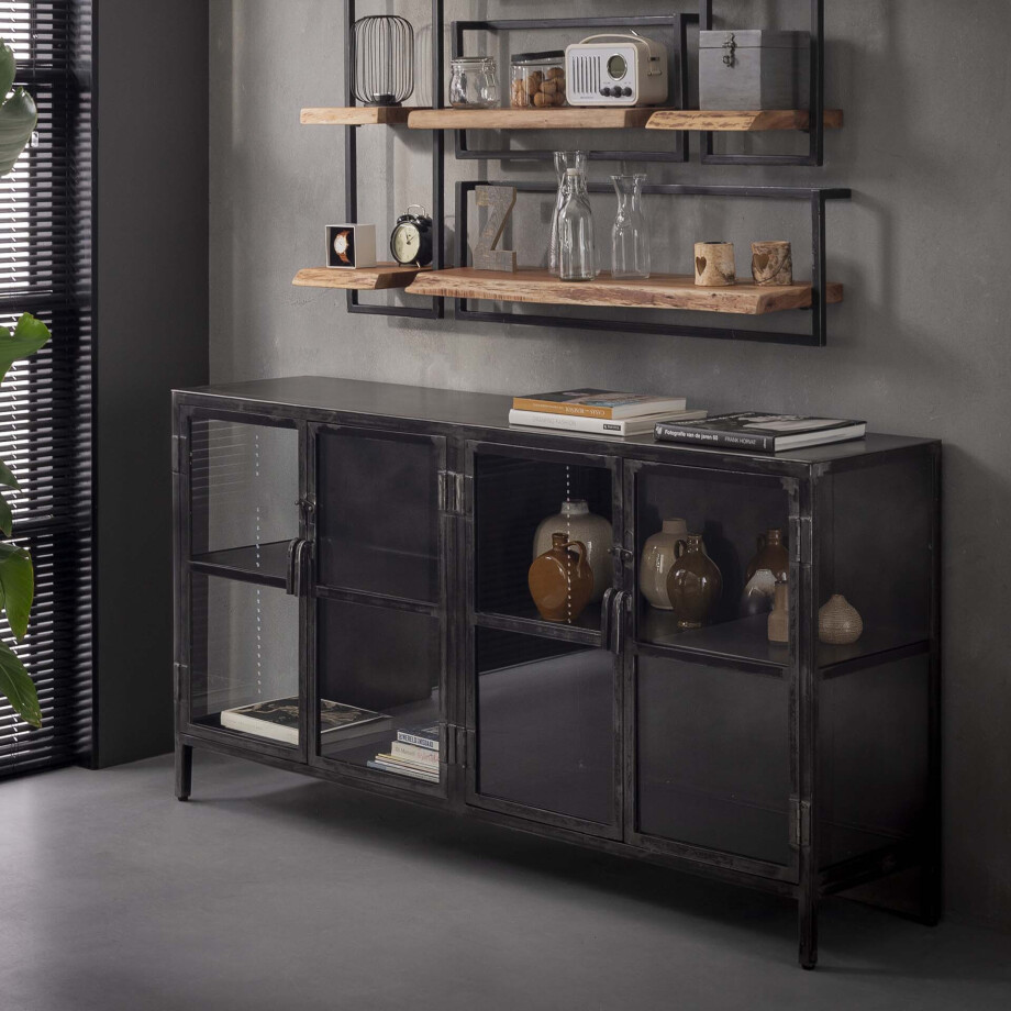 Industrieel Dressoir 'Rift Metal' 180cm met 4 glazen deuren Industrieel Dressoir 'Rift Metal' 180cm met 4 glazen deuren afbeelding 1