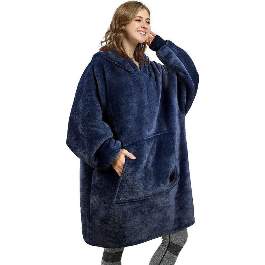 VOXO Hoodie Deken - Zachte Fleece Deken met Mouwen - Sherpa Plaid voor op de Bank - 1450 Gram - Marine Blauw afbeelding 1