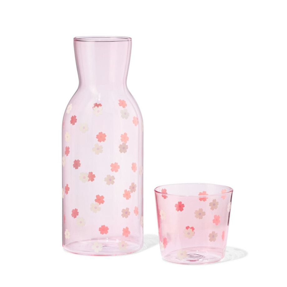 HEMA HEMA Karaf 1000ml Met Drinkglas Bloemen afbeelding 