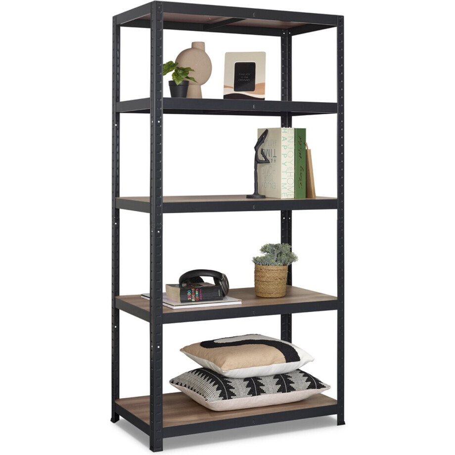 Avasco Stellingkast Maxi - stellingrek - houtlook - zwart metalen frame - 176x90x45 - 5 planken afbeelding 1