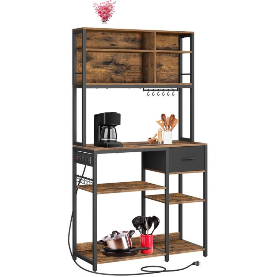 Signature Home Keukenkast met stopcontacten - staande Keukenrek - magnetronrek - verstelbare planken - stoffen lade - 12 haken - Bruin - Zwart - 40 x 80 x 180.4 cm afbeelding 1