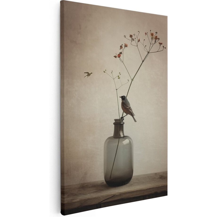 Artaza Canvas Schilderij Vogel op een Vaas met Bloemen - Dieren - 20x30 cm - Klein - Wanddecoratie Woonkamer - Schilderijen - Muurdecoratie afbeelding 1