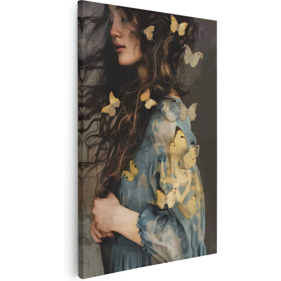Artaza Canvas Schilderij Vrouw met Lang Haar en Vlinders - Dieren - 20x30 cm - Klein - Wanddecoratie Woonkamer - Schilderijen - Muurdecoratie afbeelding 1