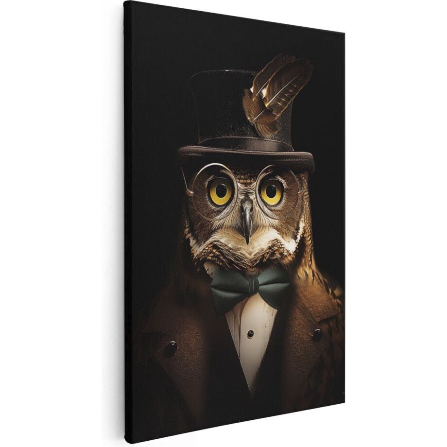 Artaza Canvas Schilderij Uil met Hoge Hoed - Dieren - 20x30 cm - Klein - Wanddecoratie Woonkamer - Schilderijen - Muurdecoratie afbeelding 1