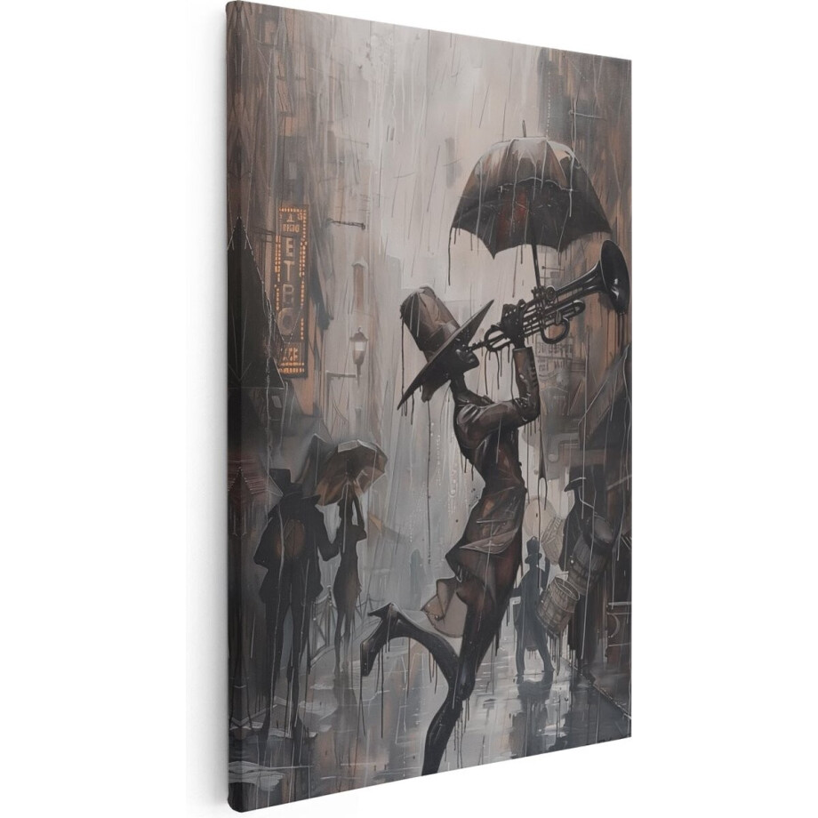 Artaza Canvas Schilderij Jazz Muzikant Abstract - 60x90 cm - Wanddecoratie Muziek - Muurdecoratie Regen Stad - Schilderijen Op Canvas afbeelding 1