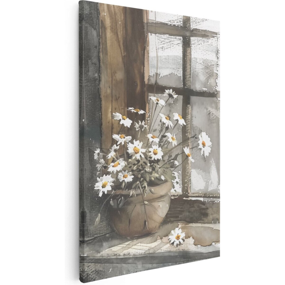 Artaza Canvas Schilderij Bloemen In Vaas - 80x120 cm - Groot - Wanddecoratie Stilleven - Muurdecoratie Woonkamer - Schilderij Bloemen Aquarel afbeelding 1