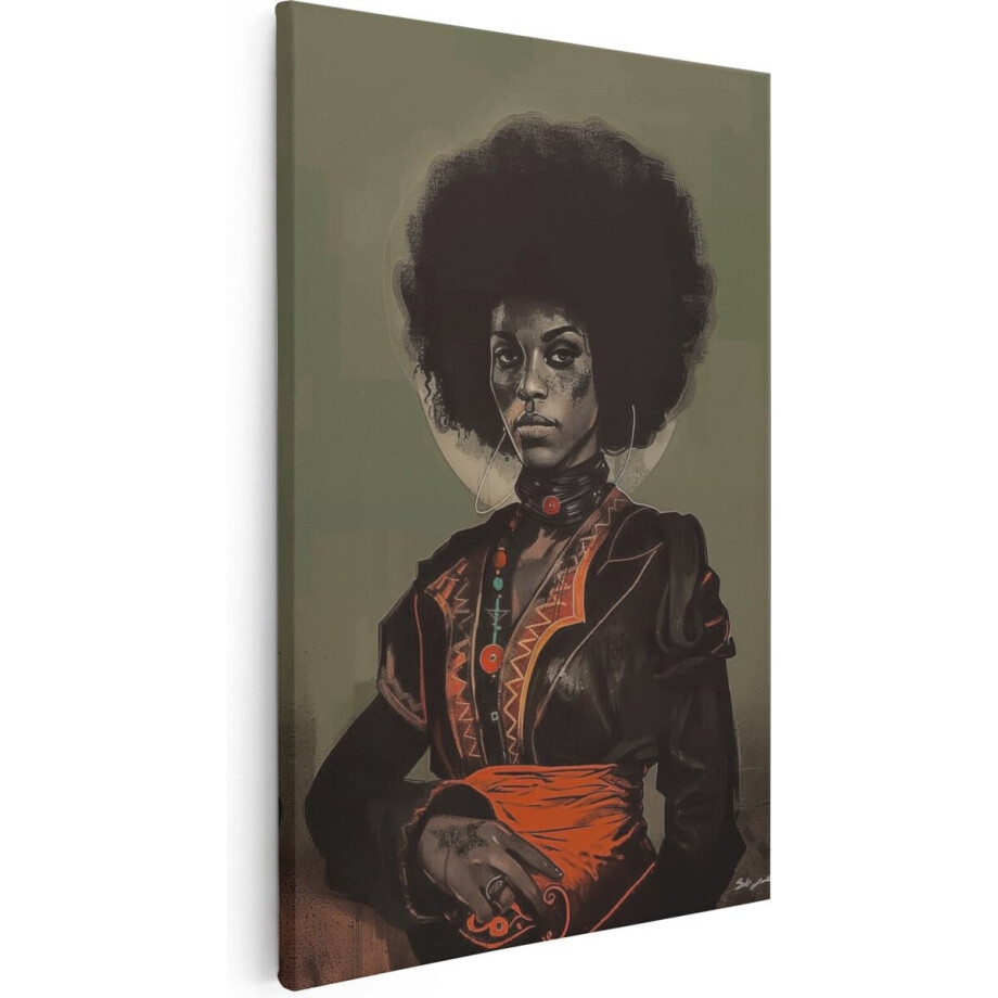 Artaza Canvas Schilderij Zwarte Vrouw met een Afro - 80x120 cm - Groot - Wanddecoratie Woonkamer - Schilderijen - Muurdecoratie afbeelding 1