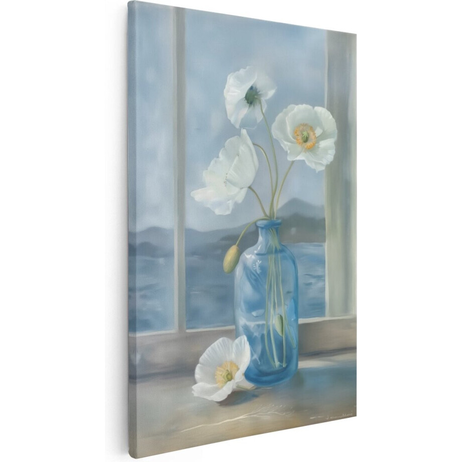 Artaza Canvas Schilderij Witte Bloemen in een Blauwe Vaas op een Vensterbank - 80x120 - Groot - Foto Op Canvas - Canvas Print afbeelding 1