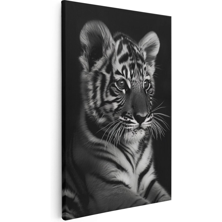 Artaza Canvas Schilderij Tijgerwelp in Zwart Wit - Dieren - 20x30 cm - Klein - Wanddecoratie Woonkamer - Schilderijen - Muurdecoratie afbeelding 1