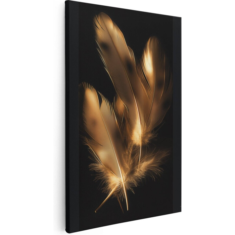 Artaza Canvas Schilderij Gouden Veren op een Zwarte Achtergrond - 60x90 cm - Wanddecoratie Woonkamer - Schilderijen - Muurdecoratie afbeelding 1