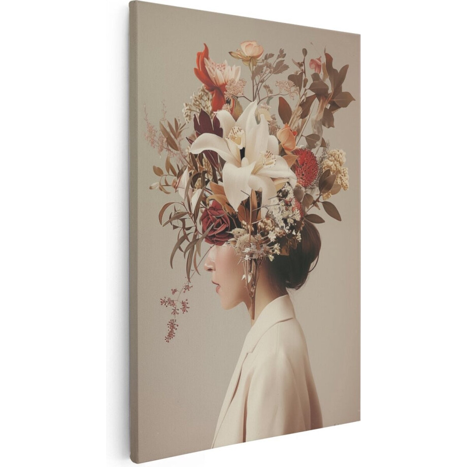Artaza Canvas Schilderij Vrouw met Bloemen op haar Hoofd - Bloemen - 60x90 cm - Wanddecoratie Woonkamer - Schilderijen - Muurdecoratie afbeelding 1
