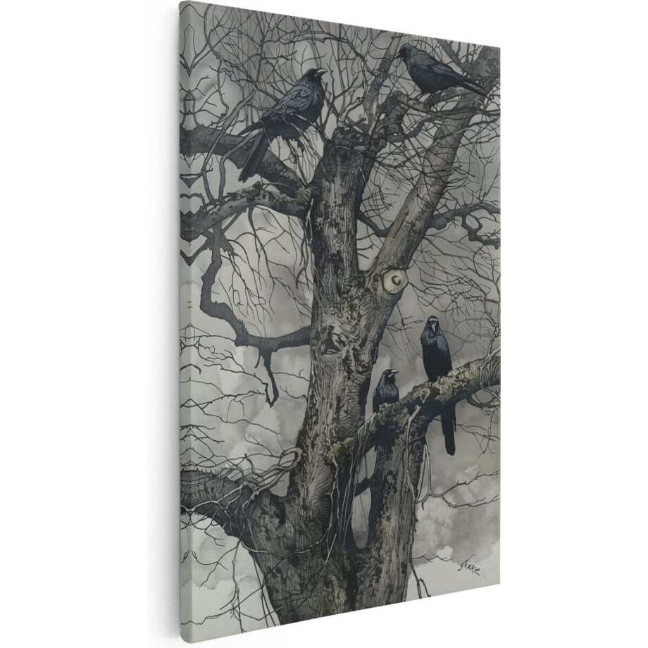 Artaza Canvas Schilderij Kraaien in een Boom - Dieren - 20x30 cm - Klein - Wanddecoratie Woonkamer - Schilderijen - Muurdecoratie afbeelding 1