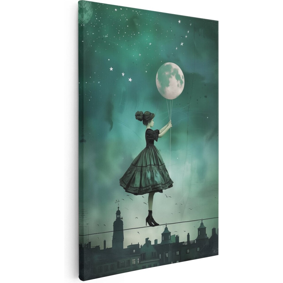 Artaza Canvas Schilderij Vrouw - 60x90 cm - Wanddecoratie Maan - Muurdecoratie Koorddanser - Decoratie Sterrenhemel afbeelding 1