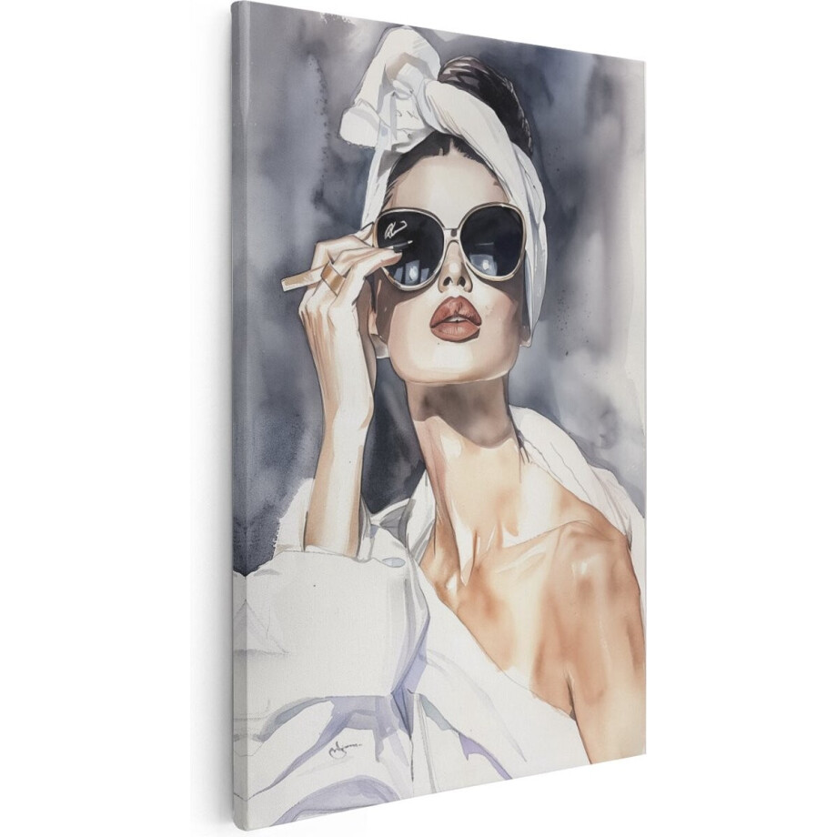Artaza Canvas Schilderij Vrouw met een Zonnebril - 20x30 cm - Klein - Wanddecoratie Woonkamer - Schilderijen - Muurdecoratie afbeelding 1