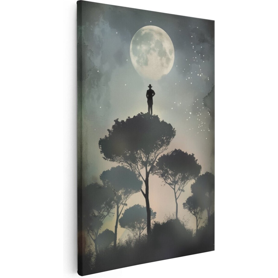 Artaza Canvas Schilderij Man In Boom - 60x90 cm - Wanddecoratie Volle Maan - Muurdecoratie Bos - Schilderijen Op Canvas Natuur afbeelding 1
