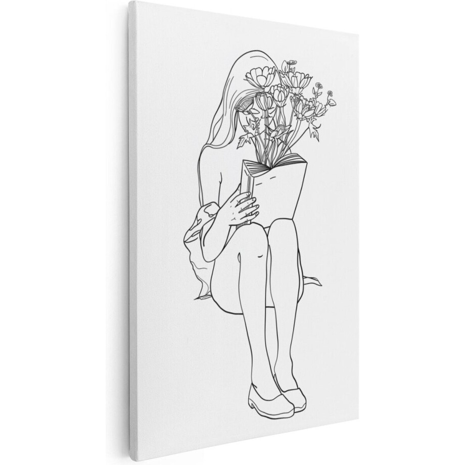 Artaza Canvas Schilderij Meisje Leest een Boek met Bloemen - Bloemen - 60x90 cm - Wanddecoratie Woonkamer - Schilderijen - Muurdecoratie afbeelding 1