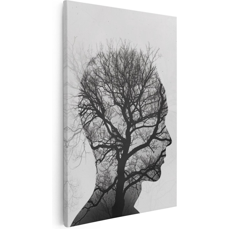 Artaza Canvas Schilderij Gezicht Boom - 80x120 cm - Groot - Wanddecoratie Abstract - Muurdecoratie Silhouet - Decoratie Zwart Wit afbeelding 1