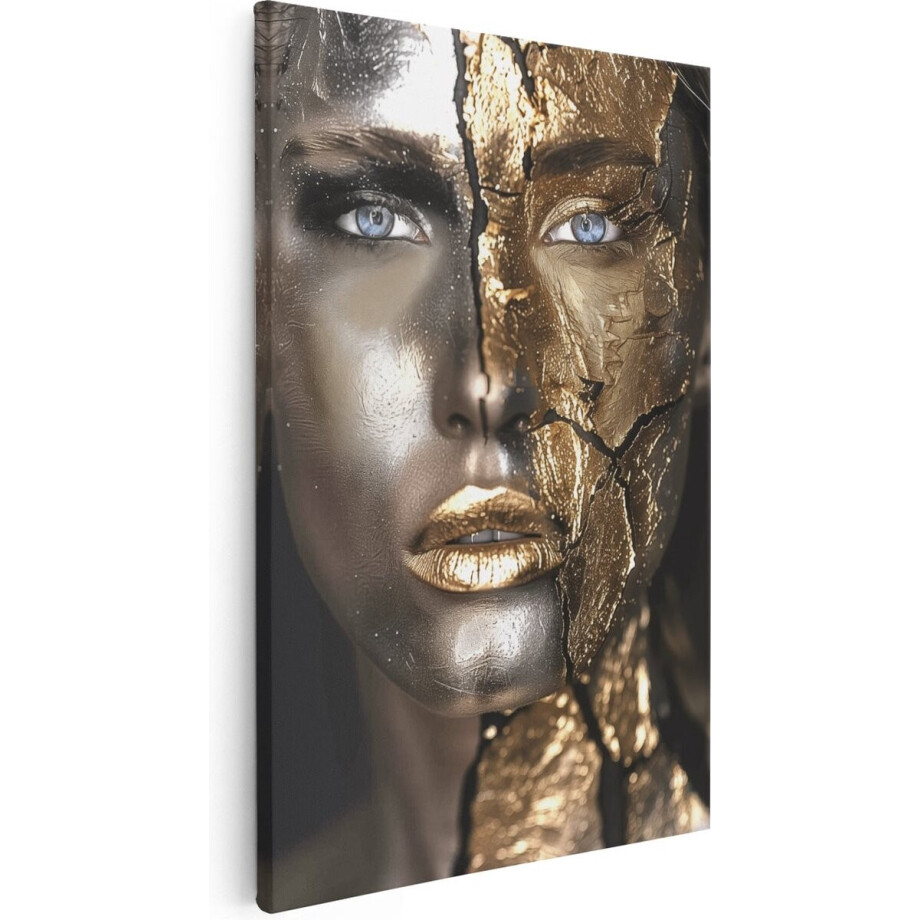 Artaza Canvas Schilderij Vrouwen Gezicht Bedekt met Goud en Zilver - 60x90 cm - Wanddecoratie Woonkamer - Schilderijen - Muurdecoratie afbeelding 1
