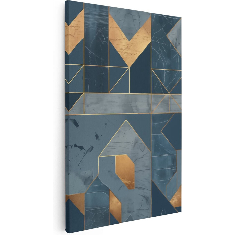 Artaza Canvas Schilderij Blauw en Goud Geometrisch Patroon - 20x30 cm - Klein - Wanddecoratie Woonkamer - Schilderijen - Muurdecoratie afbeelding 1