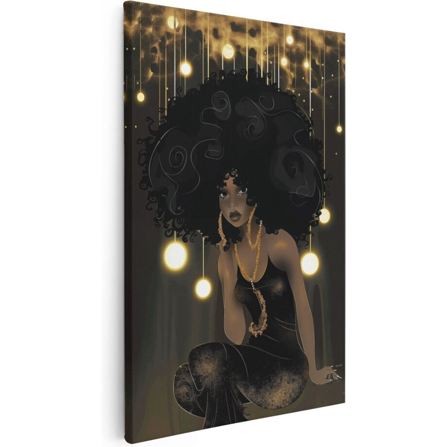 Artaza Canvas Schilderij Zwarte Vrouw in een Zwarte Jurk met Gouden Lichten - 60x90 cm - Wanddecoratie Woonkamer - Schilderijen - Muurdecoratie afbeelding 1