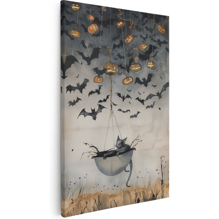 Artaza Canvas Schilderij Kat in een Paraplu met Pompoenen - Dieren - 60x90 cm - Wanddecoratie Woonkamer - Schilderijen - Muurdecoratie afbeelding 1